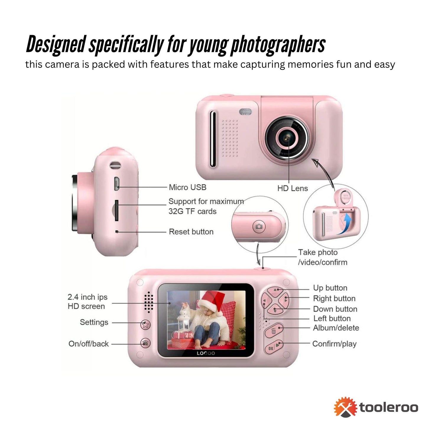 Kids HD Digital Camera Pink - Children's Selfie Photo Video 2.4 Inch Screen-2