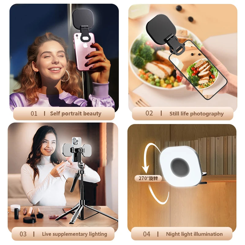 Mini LED Smartphone Selfie Fill Light 3 Modes with Adjustable Brightness Clip Portable Video Light for Tiktok Camera Mobile Ipad